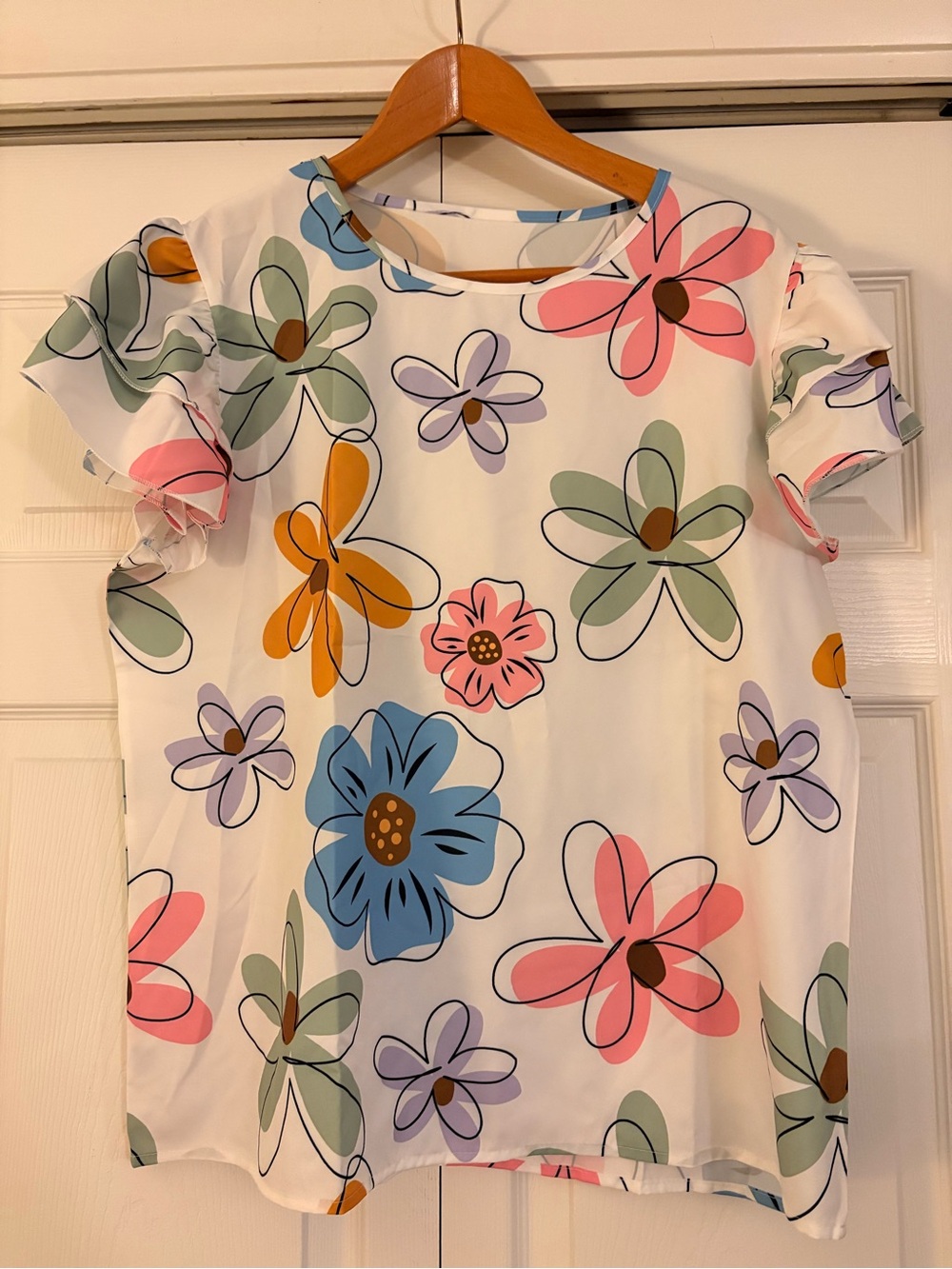 White Floral Short Sleeve Blouse - Multicolor Flowers